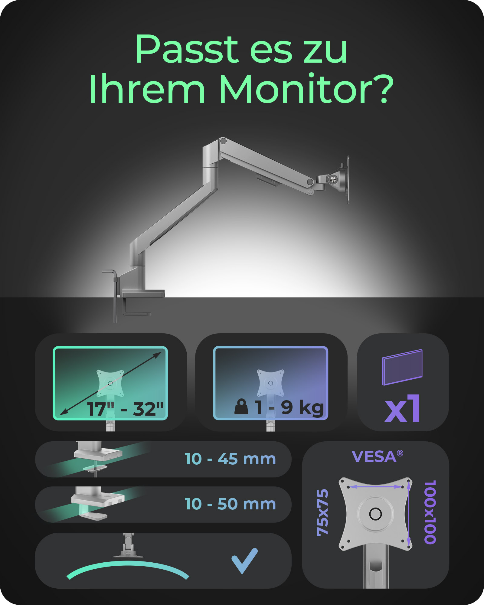 ICY BOX IB-MS523-T Monitorhalterung bis 32" 9 kg VESA 75x75/100x100 Silber, Grau