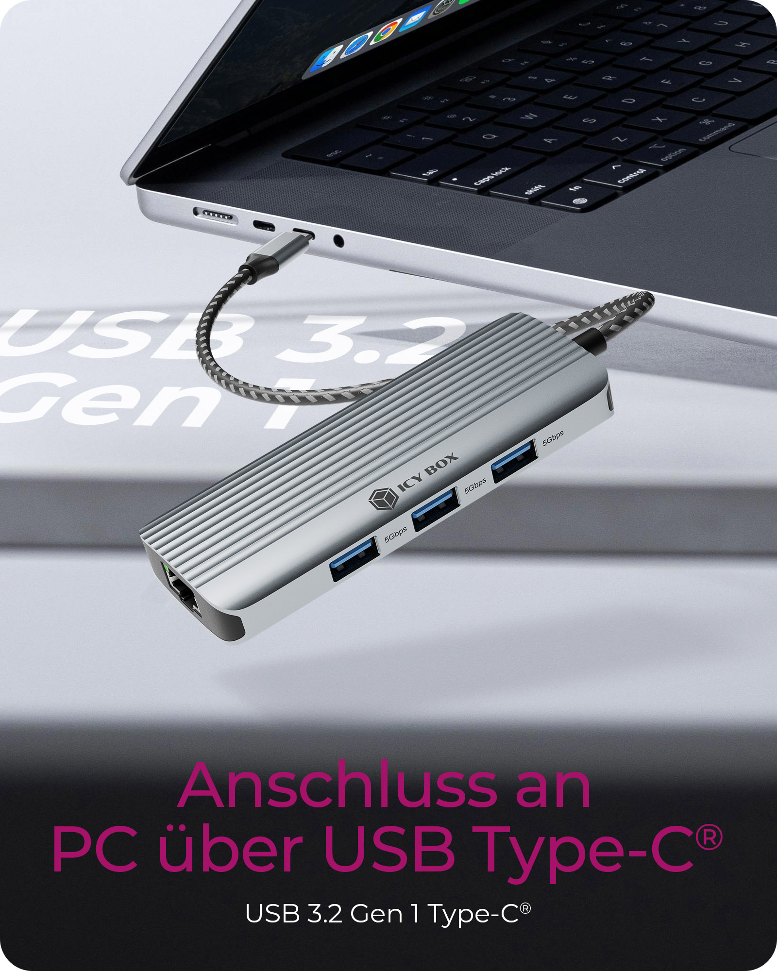 ICY BOX IB-DK4034a-CPD Dockingstation 6-in-1 USB-C HDMI 4K@60Hz 3× USB-A RJ45 100W PD Schwarz/Silber