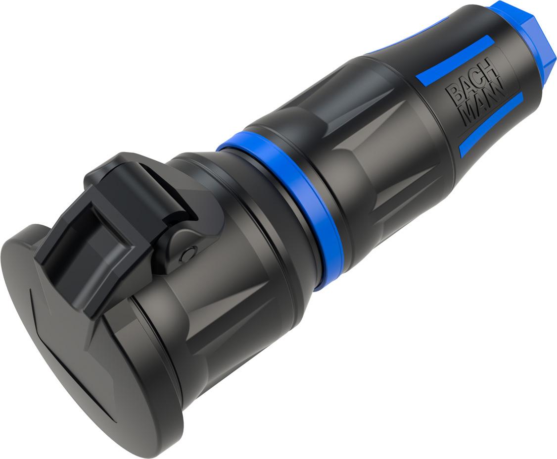 BACHMANN Profi-Schutzkontaktkupplung CEE7/3, mit Klappdeckel, gummiert, Power-LED, IP54, schwarz / blau (BM0017351)