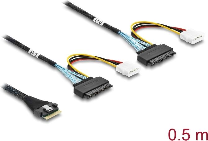 Delock PCIe 4.0 Kabel Slim SAS SFF-8654 8i zu 2 x U.2 SFF-8639 Buchse+ Stromanschluss 0.5 (82296)