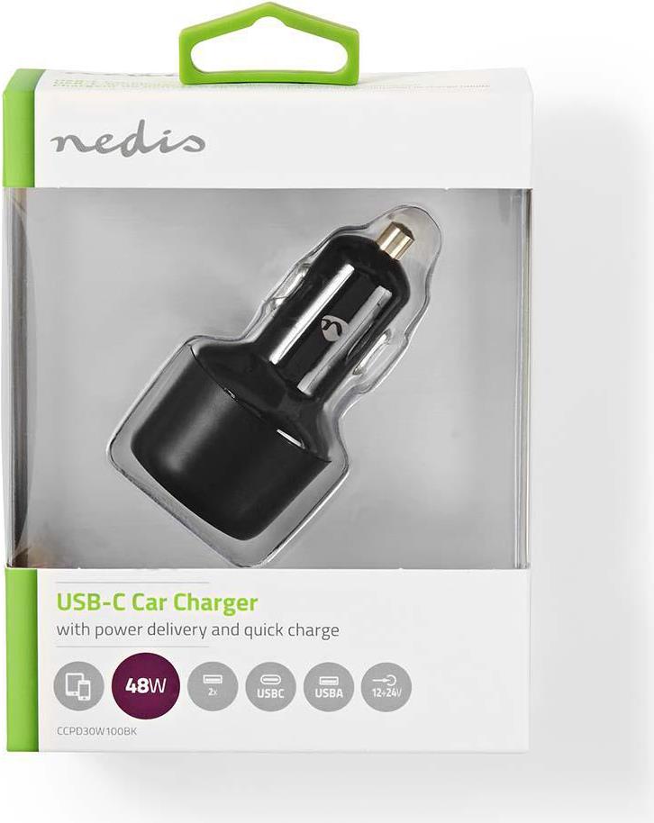 Nedis Auto-Ladegerät 48 W 2x 3.0 A - Anzahl der Ausgänge: 2, Port Type: USB-A / USB-C™, Automatische Spannungswahl (CCPD30W100BK)