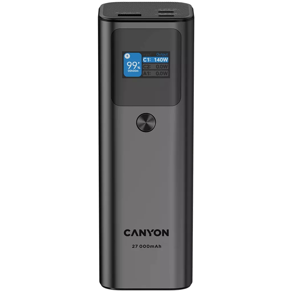 Canyon PB-2010 Powerbank 27000 mAh 97,2 Wh 140 W Power Delivery 3.1 Quick Charge 3.0 TFT-Display Dunkles Grau