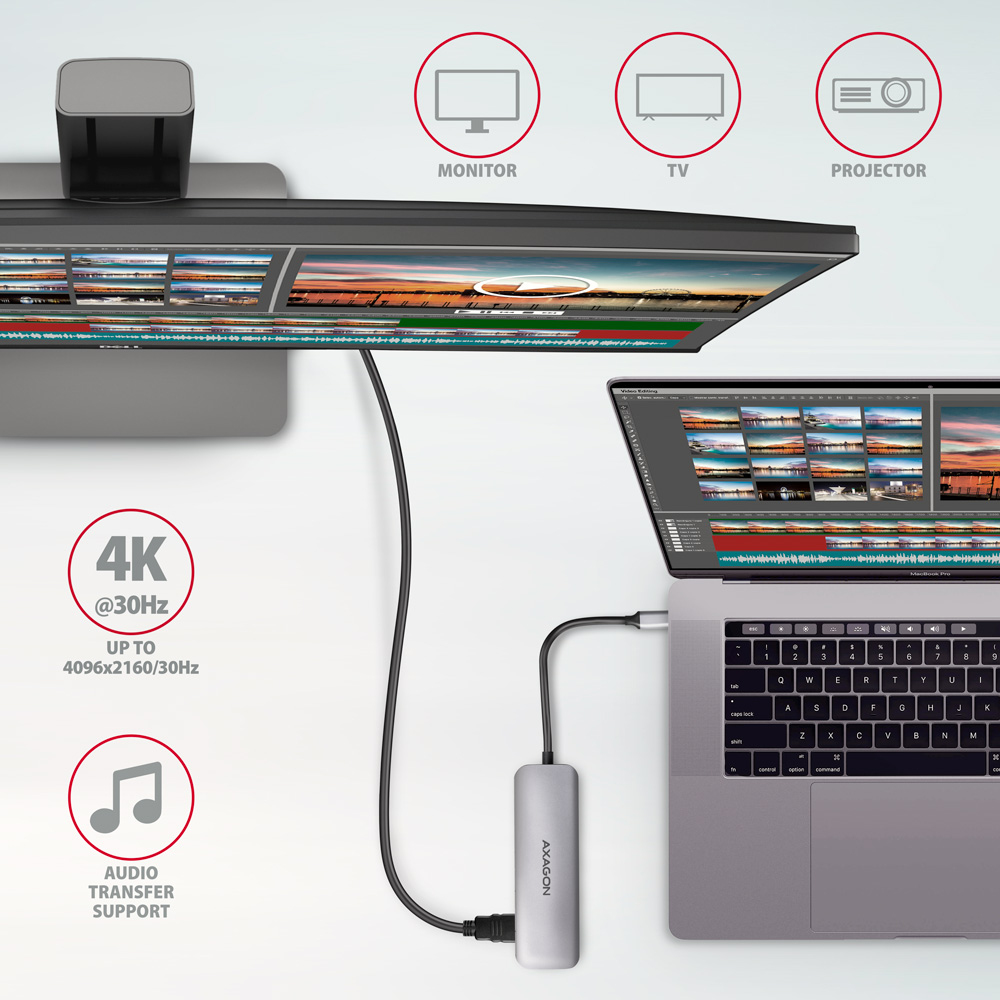 AXAGON USB-C-Hub HMC-HCR3A, 3x USB-A, HDMI, SD/microSD, USB-C 3.2 Gen 1, 20 cm Kabel, Grau