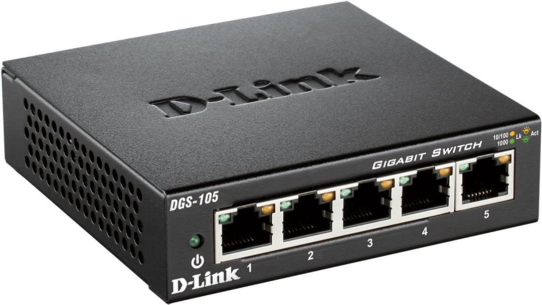 D-Link DGS-105 Gigabit Ethernet Switch 5-Port 10/100/1000 Desktop Schwarz