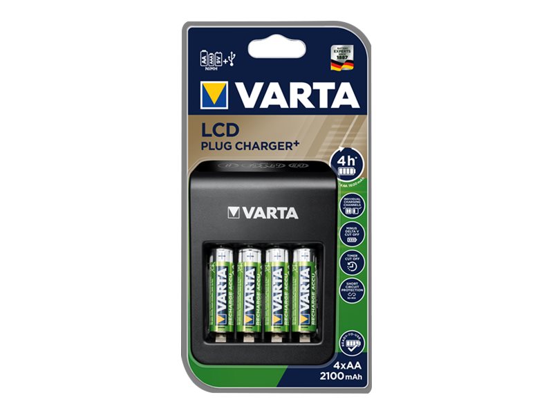 Varta LCD Plug Charger+ Batterieladegerät inkl. 4x AA 2100 mAh USB Schwarz