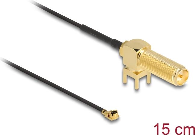 Delock Antennenkabel RP-SMA 90° PCB Buchse zum Einbau zu I-PEX Inc., MHF® I Stecker 1.13 15 cm Gewindelänge 15 mm (12039)