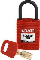 Brady , Safekey Kompaktes Nylon-Sicherheitsschloss mit Nylonbügel, Rot, 25 mm Bügelhöhe, 4.3 mm Bügeldurchmesser (Keyed Different) (1 Stück) (150180)