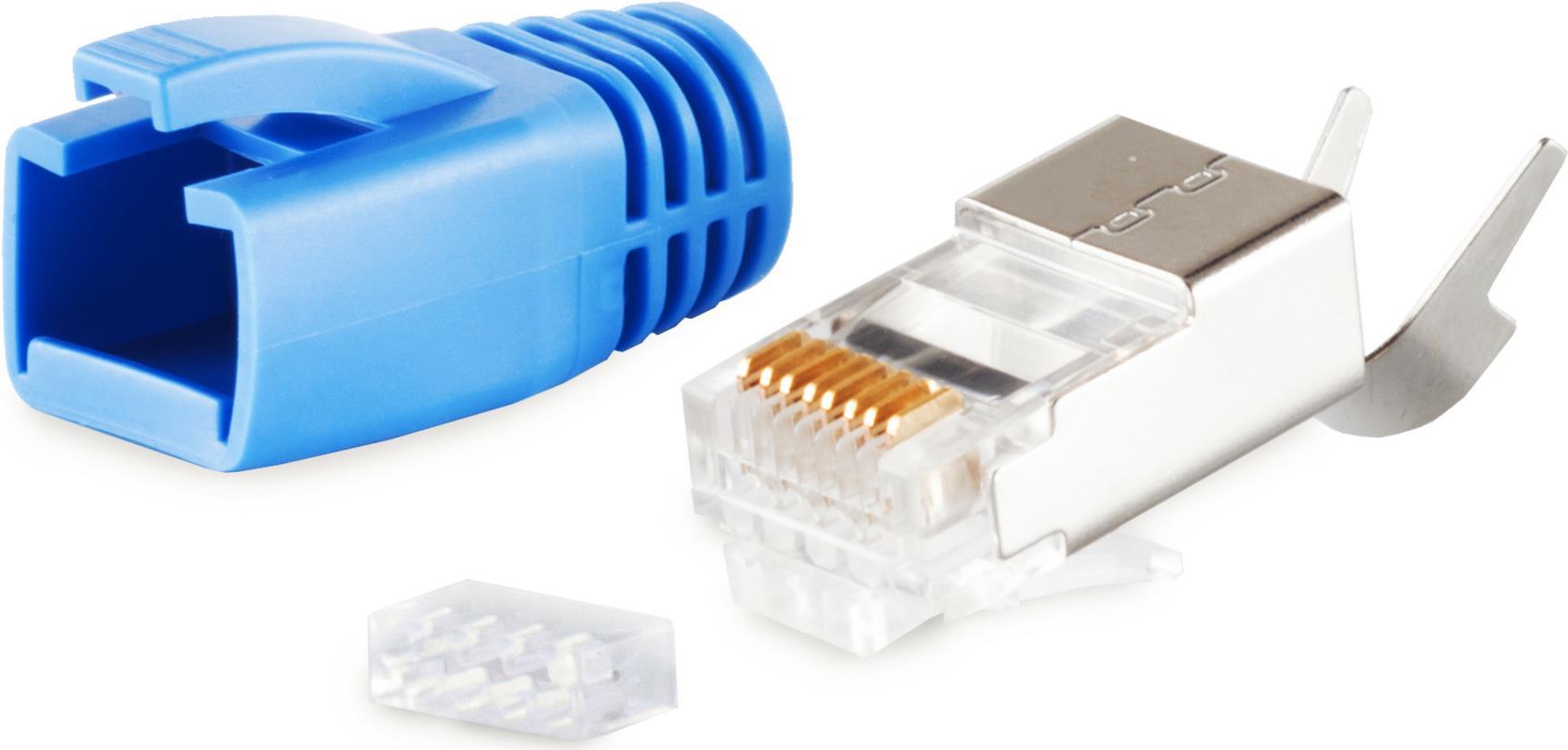 S/CONN maximum connectivity Netzwerk Modular Stecker RJ45 SET für Verlegekabel bis AWG 23, Stecker mit Zugentlastung, Einführhilfe und Tülle, blau VE 1 (72067-B)