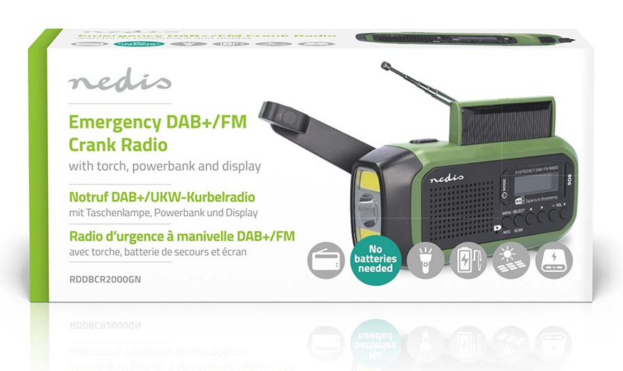 Nedis RDDBCR2000GN Notfallradio DAB+ FM Kurbelradio Solar Powerbank LED-Taschenlampe Grün, Schwarz
