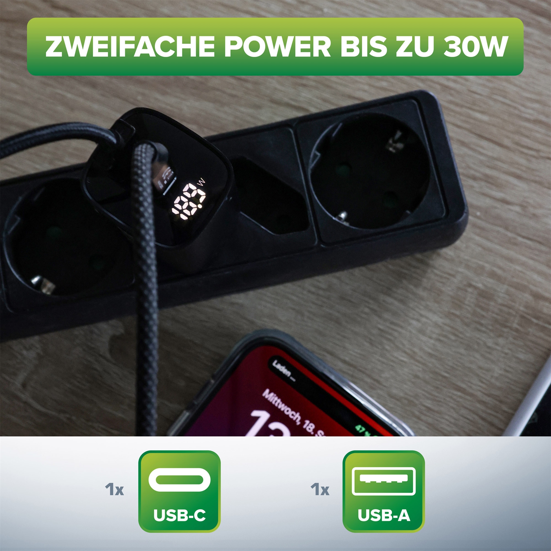 InLine GaN Netzteil USB-C + USB-A 30 W mit Display Schwarz