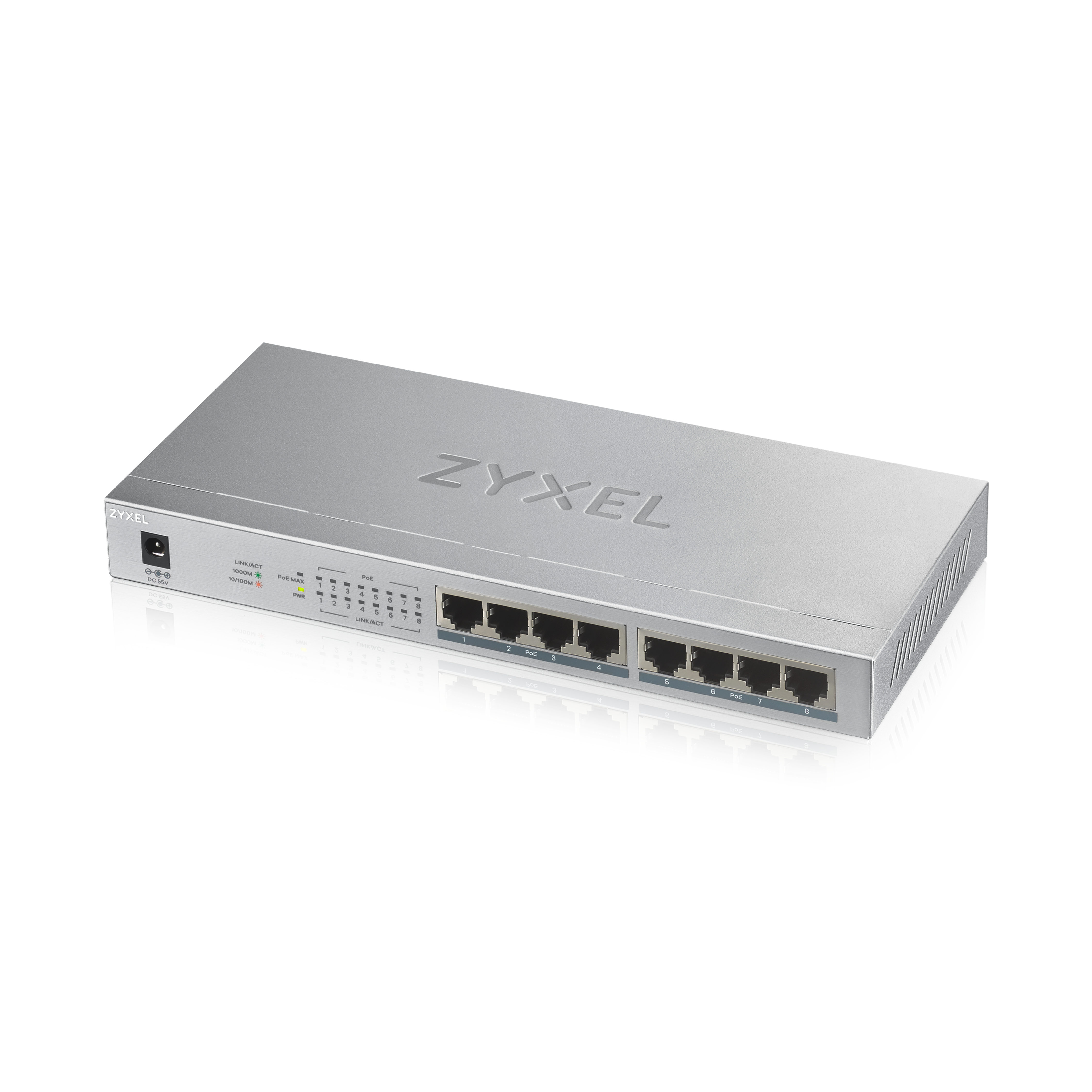 Zyxel GS1008HP Gigabit PoE+ Switch, 8 Ports, Unmanaged, 60 W PoE-Budget, Silber