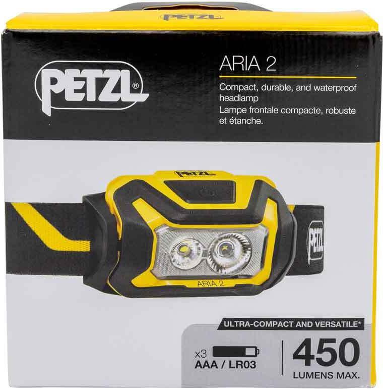 Petzl ARIA 2 Kopflampe Schwarz/gelb Kompakte, robuste und wasserdichte Stirnlampe, die für die Beleuchtung in der Nähe und die Bewegung konzipiert ist. 450 Lumen (E070AA00)