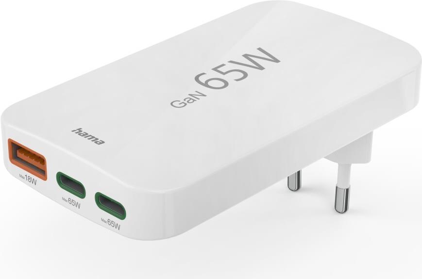 Hama Schnellladegerät, 2x USB-C, 1x USB-A, flaches Mini-Ladegerät, PD, 65 W, WS (00201976)