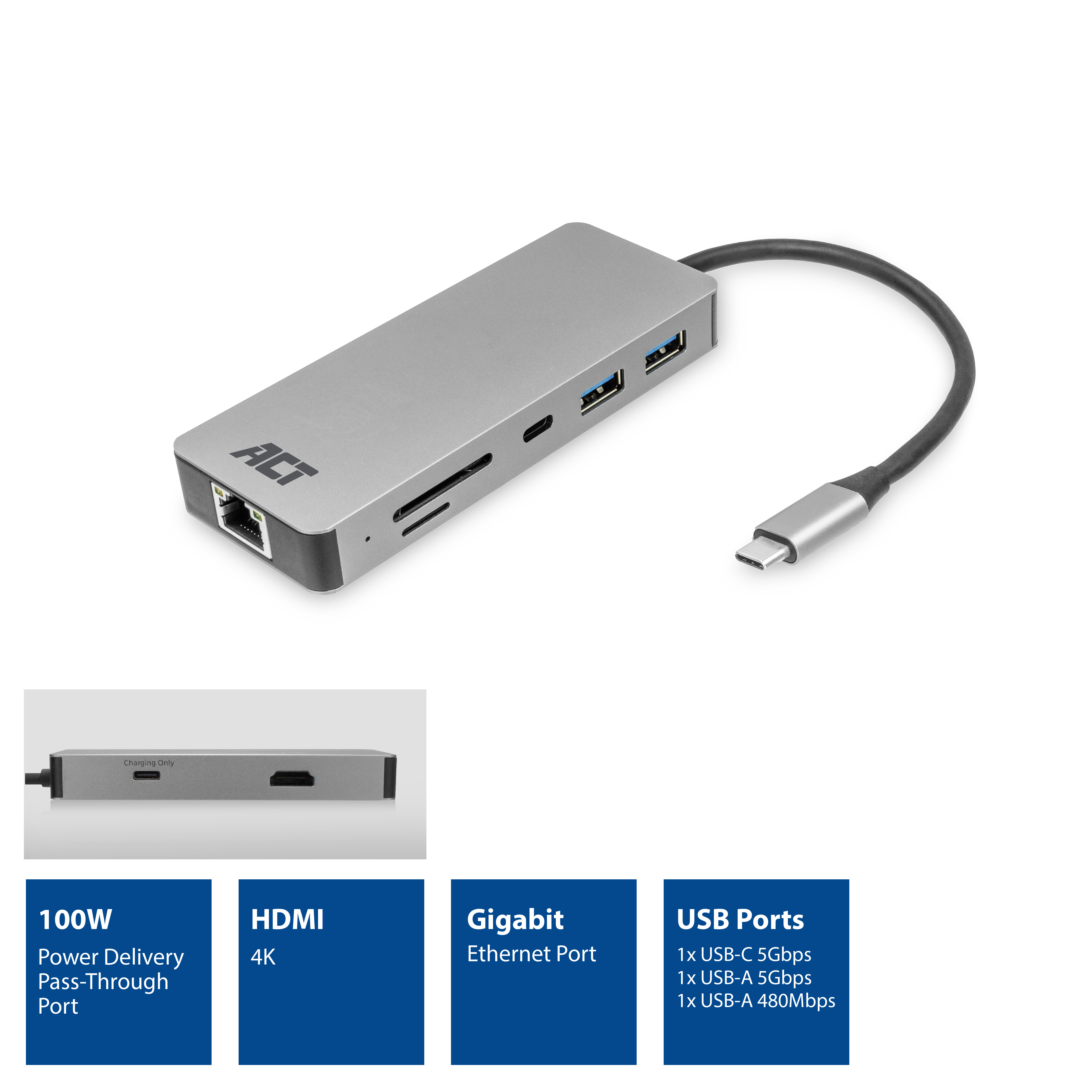 ACT AC7092 Dockingstation USB-C 3.2 Gen 1 HDMI 1GbE Grau Schwarz