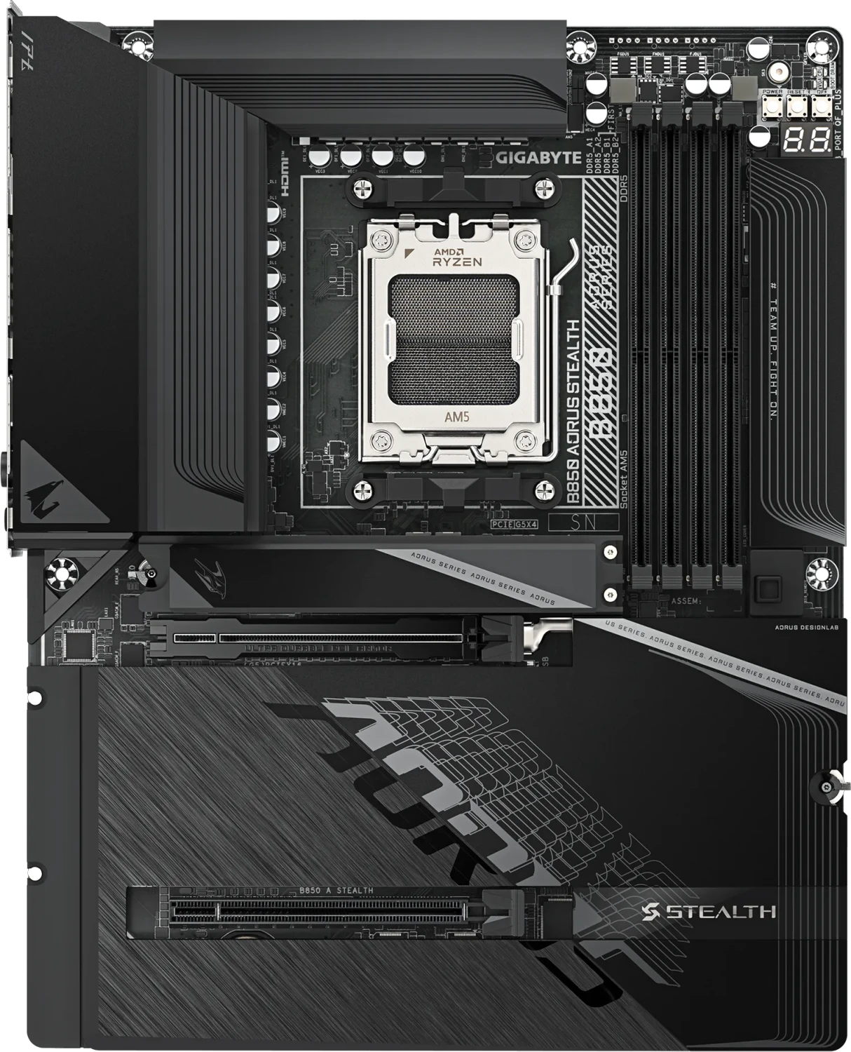 Gigabyte B850 AORUS STEALTH ATX / AMD / B850 / 4xDDR5 / 2x SATA, 4x M.2 / 7x USB 3.2, 4x USB 2.0 / 1x HDMI (B850 A STEALTH) (geöffnet)