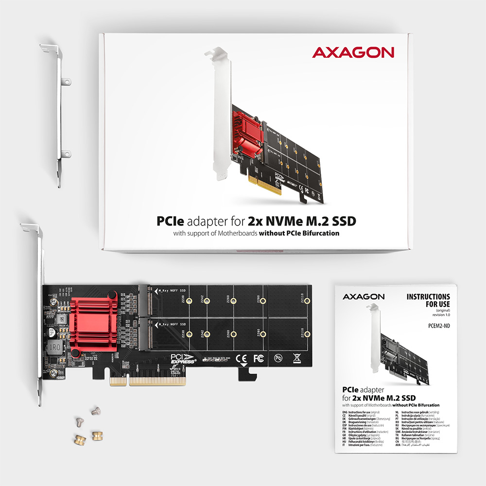 AXAGON PCEM2-ND PCIe Adapter für zwei M.2 NVMe SSDs Schwarz, Rot