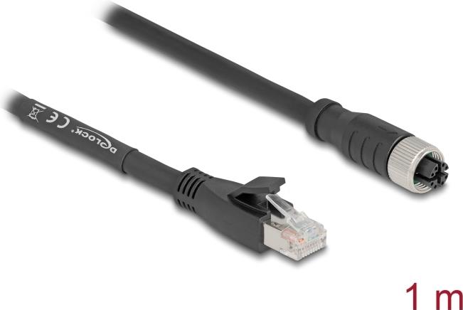 Delock M12 Kabel X-kodiert 8 Pin Buchse zu RJ45 Stecker Cat.5e S/FTP flexibel 1 m schwarz (80589)
