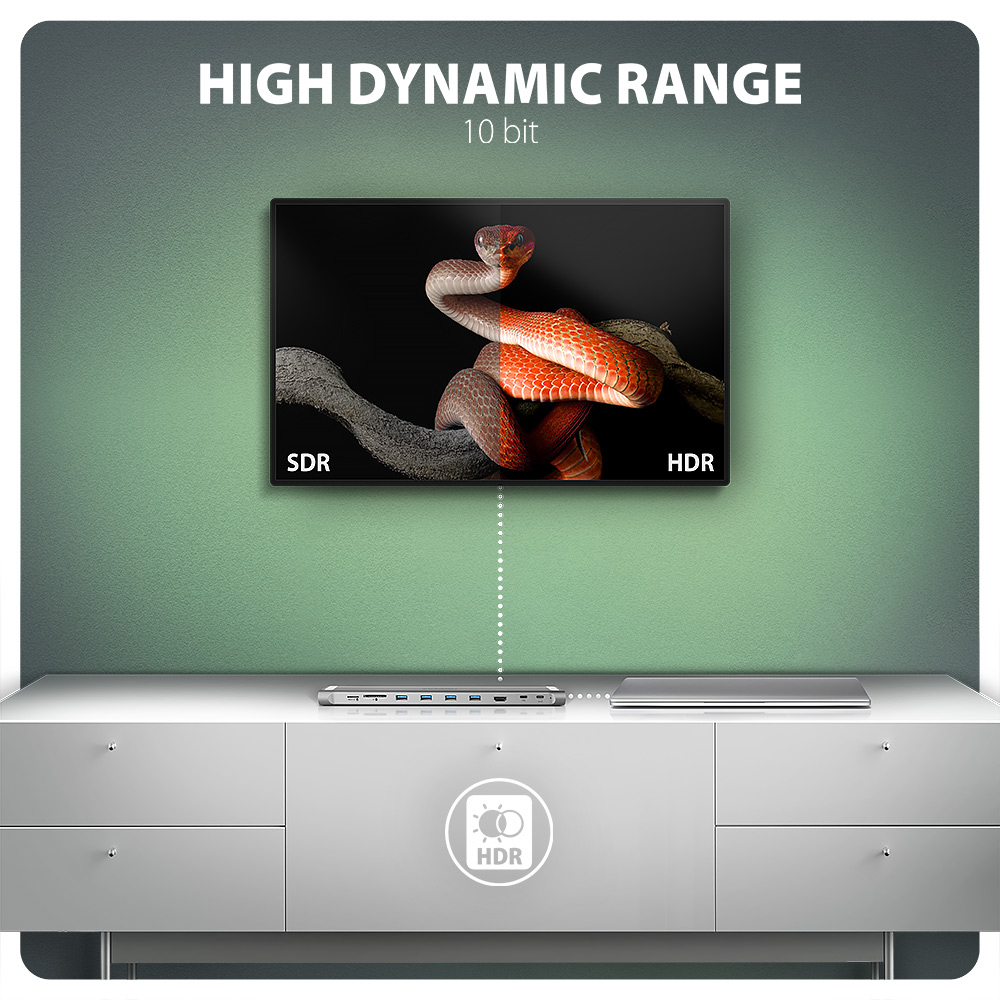 AXAGON HMC-10HLS Dockingstation HDMI 4K/60Hz RJ-45 100W PD Schwarz, Grau