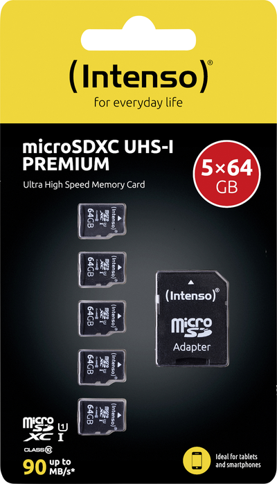 Intenso Premium 5er Pack (5 x 64 GB) microSDXC-Karte 64 GB Class 10 UHS-I inkl. SD-Adapter (3423595)