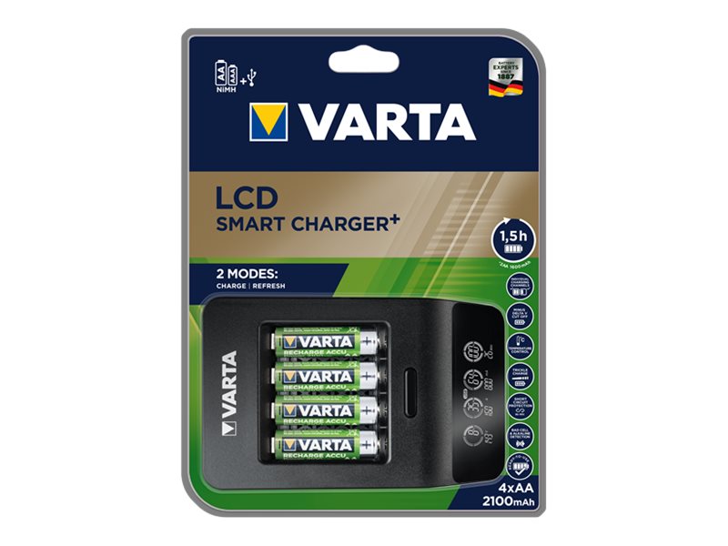 Varta LCD Smart Charger+ Ladegerät mit 4x AA NiMH 2100 mAh, Schwarz