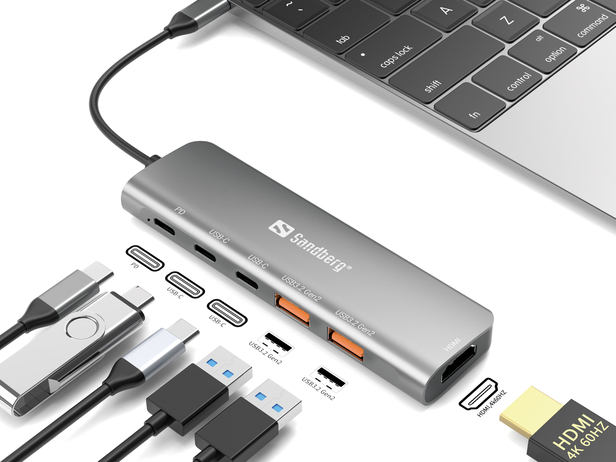 Sandberg USB-C Dockingstation HDMI 2xUSB-A 2xUSB-C PD100W Aluminium