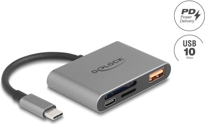 Delock USB-C Card Reader für SD und Micro Speicherkarten+ USB 10 Gbps Typ-A Port (91016)