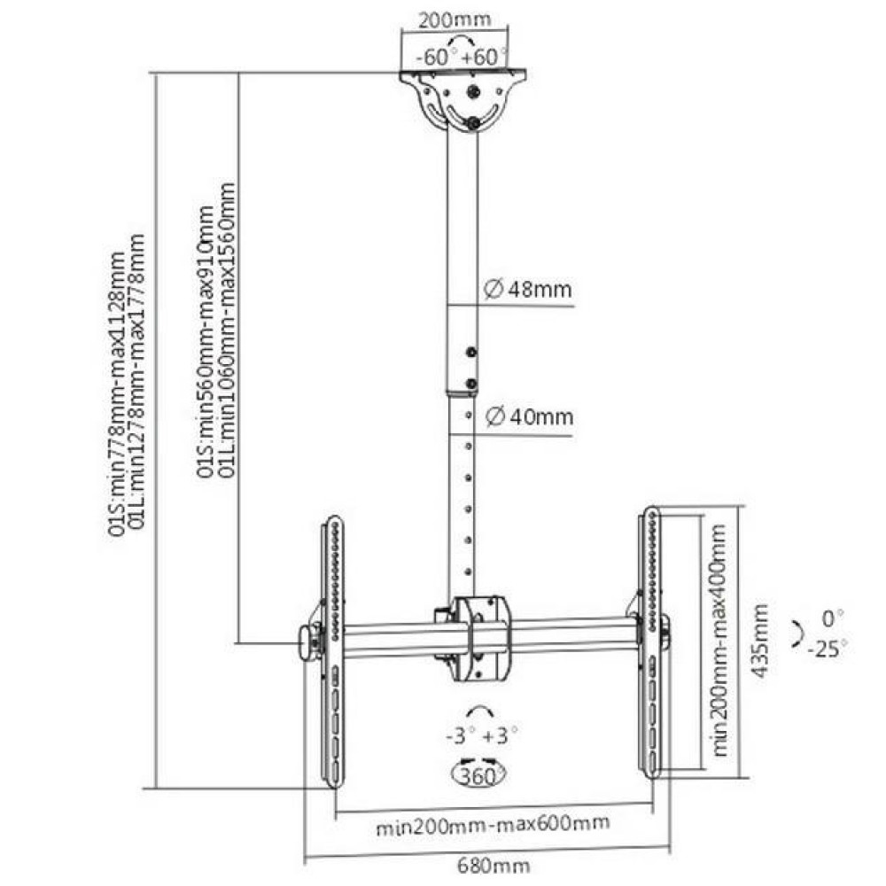Techly ICA-CPLB-946S Teleskop-Deckenhalterung 37"–70" 50 kg Schwarz