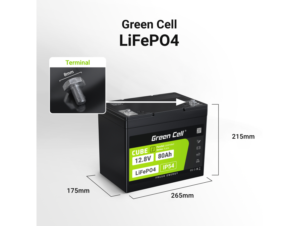 Green Cell CUBE LiFePO4 USV-Akku 12,8 V 80 Ah Schraubkontakt Schwarz/Grün