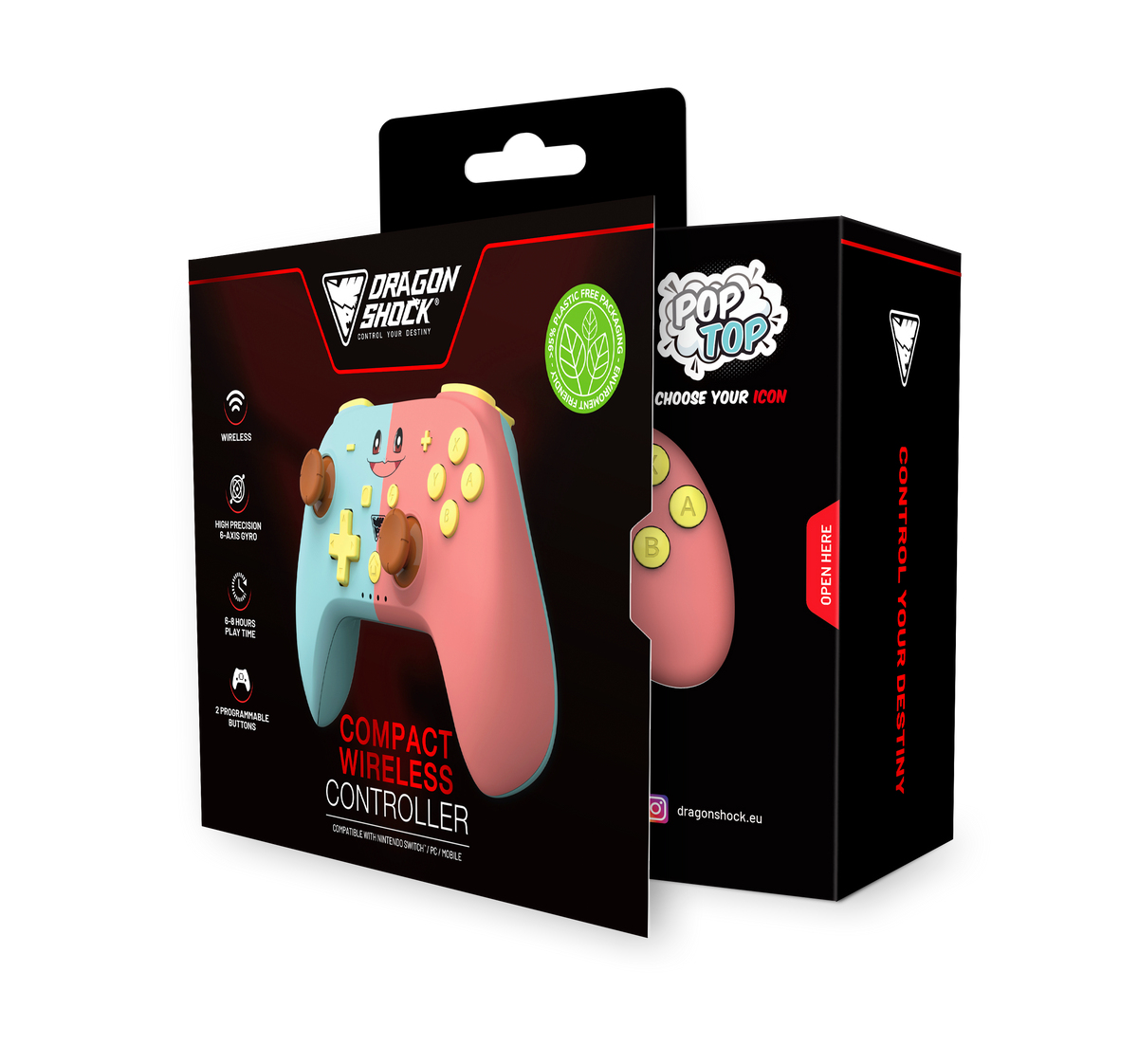 DragonShock PopTop Kabelloser Bluetooth Gamepad Nintendo Switch & PC Pink/Blau