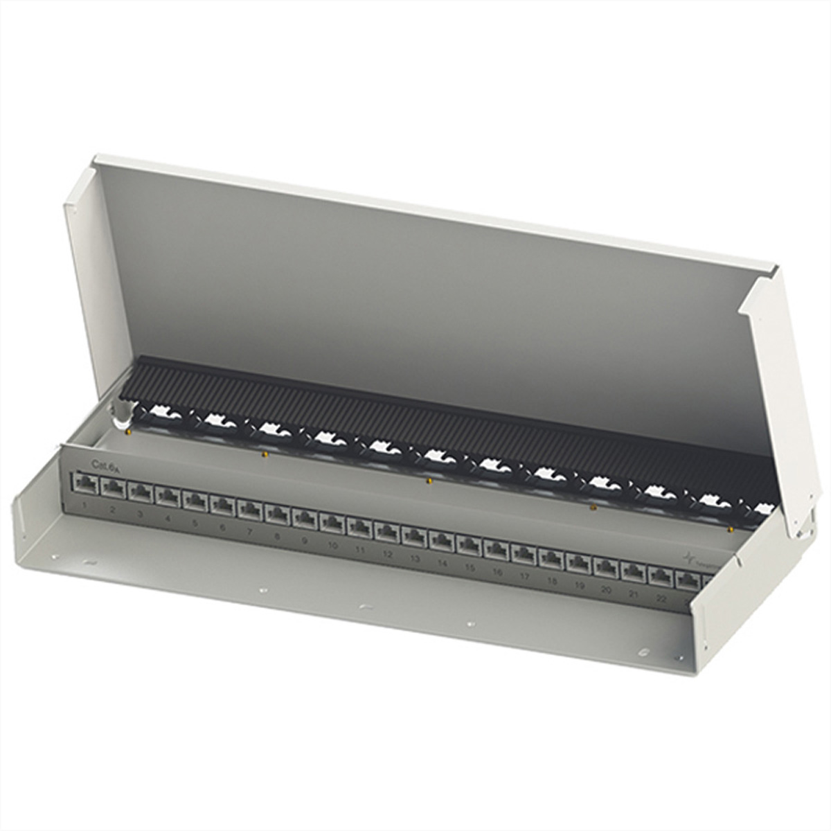 Telegärtner Aufputz-Patchfeld MPD24-HS K 24x RJ45 Cat. 6A geschirmt mit Kabelführung Pure White RAL 9010