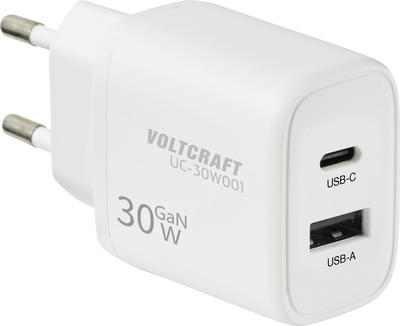 VOLTCRAFT UC-30W001 USB Ladegerät 30 W 1x USB-A, 1x USB-C® Fast Charge, USB PD 3.0 Weiß GaN (VC-17942310)