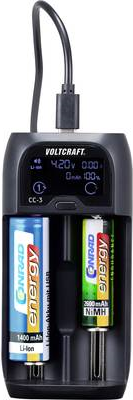 VOLTCRAFT CC-3 NiMH, NiCd, LiIon, LiFePO Mini (AAAA), Micro (AAA), Mignon (AA), Baby (C), Sub-C, A, 10440, 14500, 14650, 16340, 17355, 17500, 17650, 17670 (CC-3)