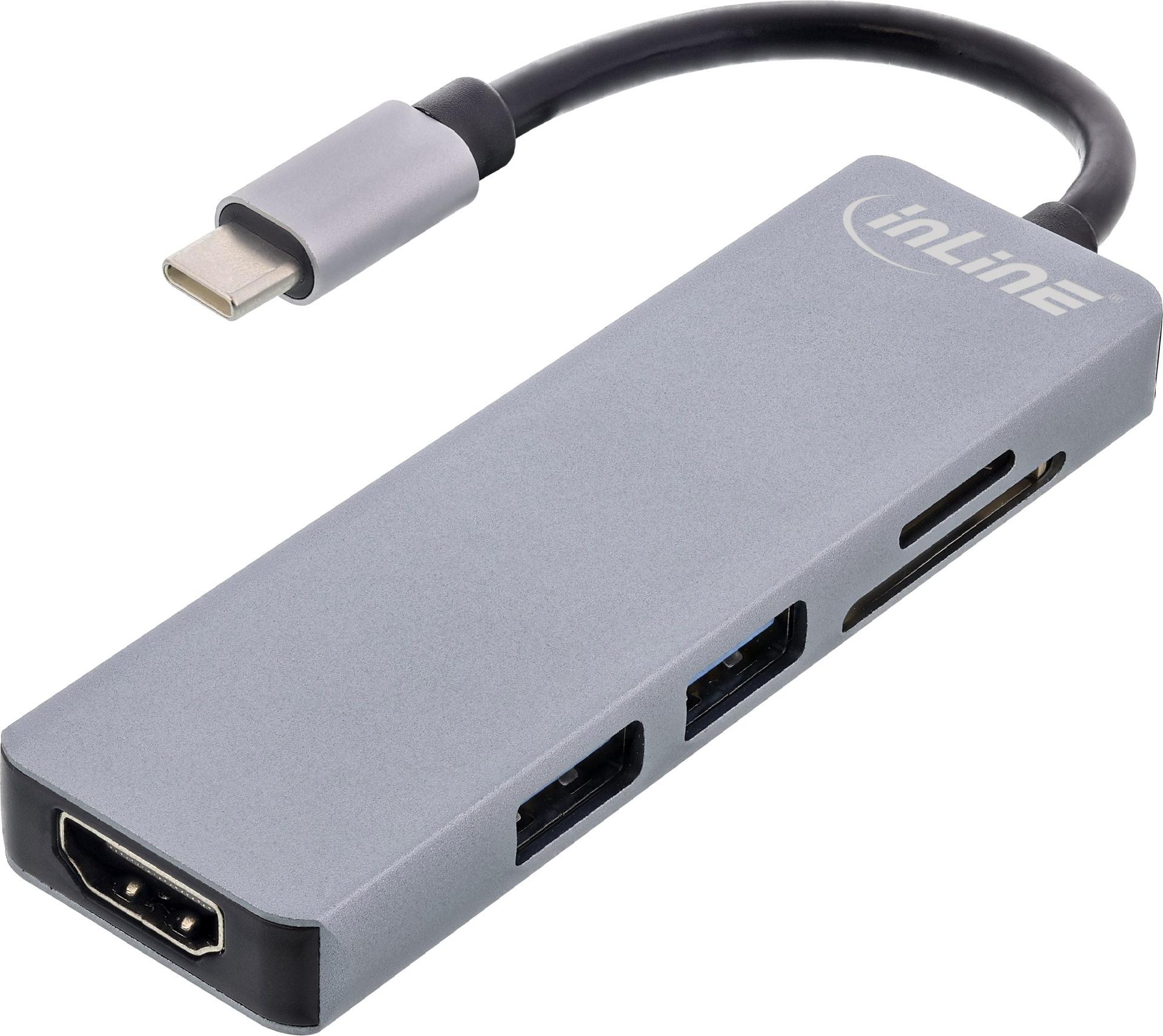InLine Multifunktions-Hub USB 3.2 Gen 1 2x USB-A HDMI 4K/30Hz Cardreader Aluminium Grau