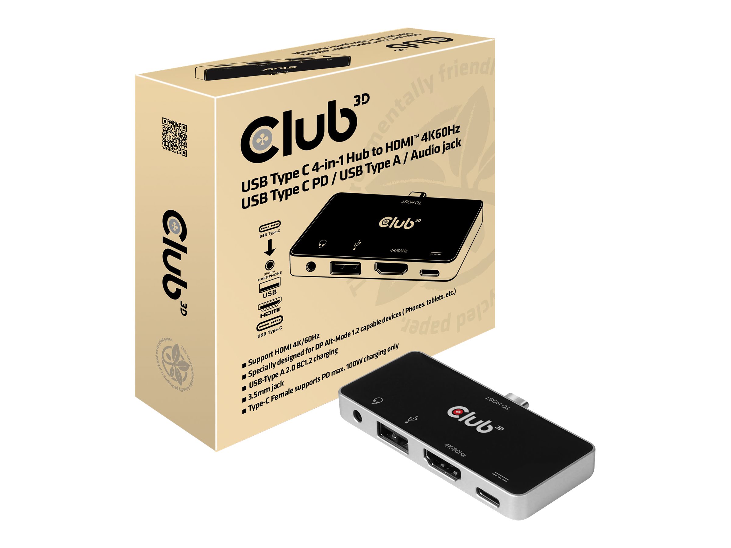 Club 3D USB Type C 4-in-1 Hub HDMI Schwarz, Chrom