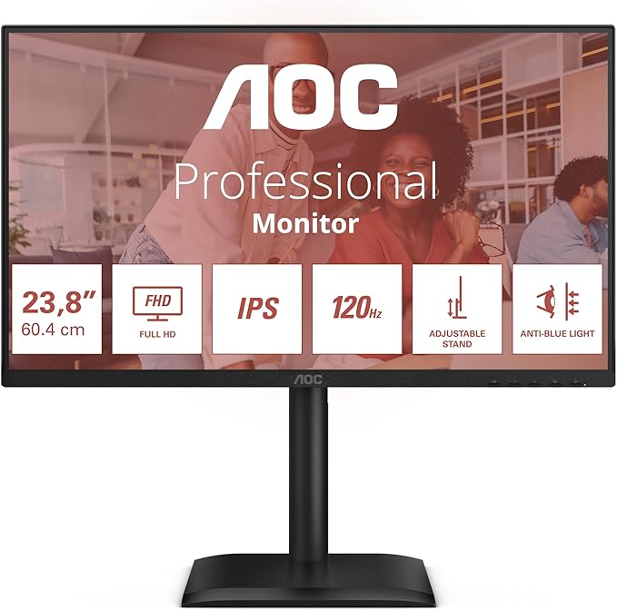 AOC 24E4U 24 Zoll FHD Monitor, 120Hz, IPS, 1ms MPRT, Adaptive Sync, HDR-Modus, Höhenverstellung (1920x1080,HDMI 1x 1.4,DP 1x 1.2, USB-Hub) Schwarz [Energieklasse C](24E4U)