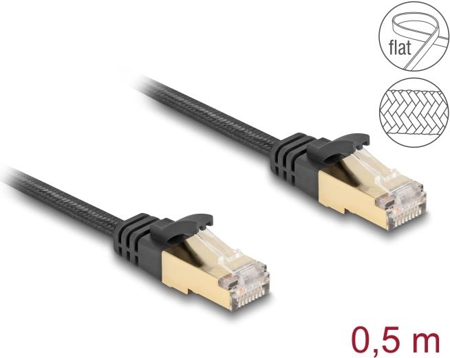 Delock RJ45 Flachband Netzwerkkabel mit Geflechtmantel Cat.6A S/FTP Stecker zu Stecker 0,5 m schwarz (80324)