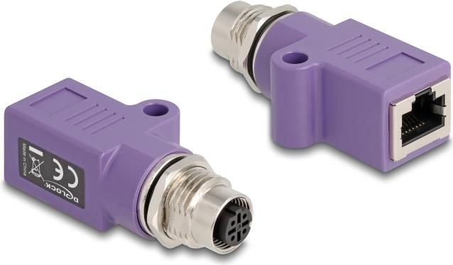 Delock M12 Adapter D-kodiert 4 Pin Buchse zu RJ45 Buchse Cat.5e mit Befestigungsloch gerade violett (60678)