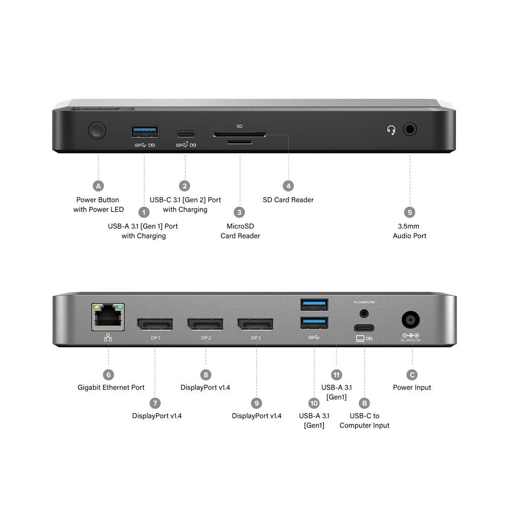 ALOGIC MX3 TripleDisplay Dockingstation USB-C 3 x DP++ 1GbE Schwarz, Space-grau