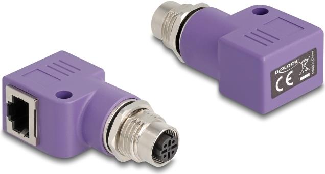 Delock M12 Adapter D-kodiert 4 Pin Buchse zu RJ45 Buchse Cat.5e mit Befestigungsloch 90° gewinkelt violett (60680)