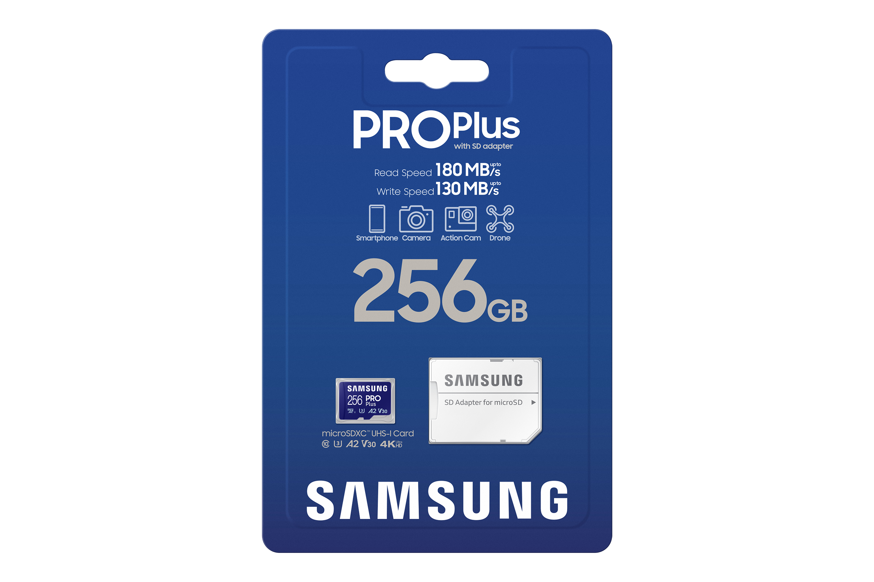 Samsung PRO Plus 256 GB microSDXC UHS-I U3 180 MB/s 130 MB/s Blau