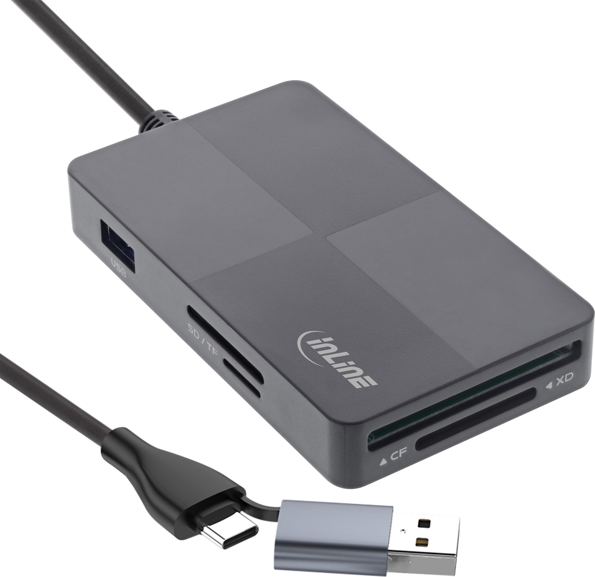 InLine USB 3.2 Multi Cardreader Hub, SD/TF/MS/XD/CF, 3-Port USB-A, Schwarz/Grau