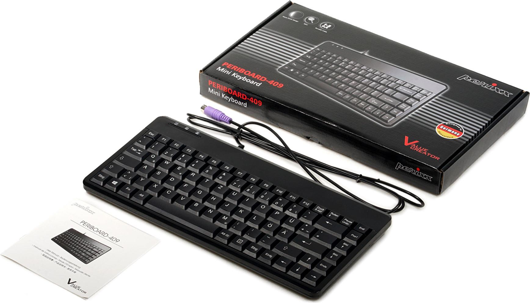 Perixx PERIBOARD-409 P Mini PS/2-Tastatur 2 USB-Hubs QWERTZ Schwarz