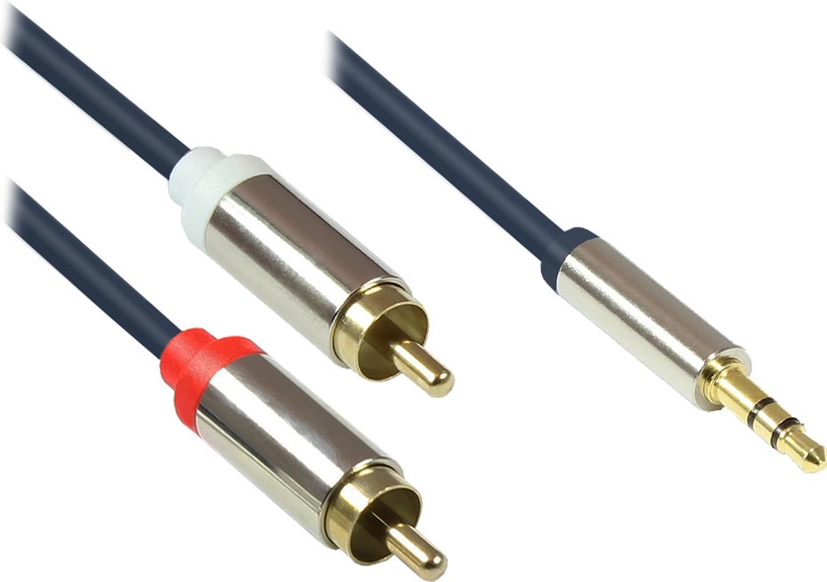 Audio Anschlusskabel High-Quality 3,5mm, Klinkenstecker an 2x RCA Stecker, Vollmetallgehäuse, dunkelblau, 1,5m, Good Connections (GC-M0058)