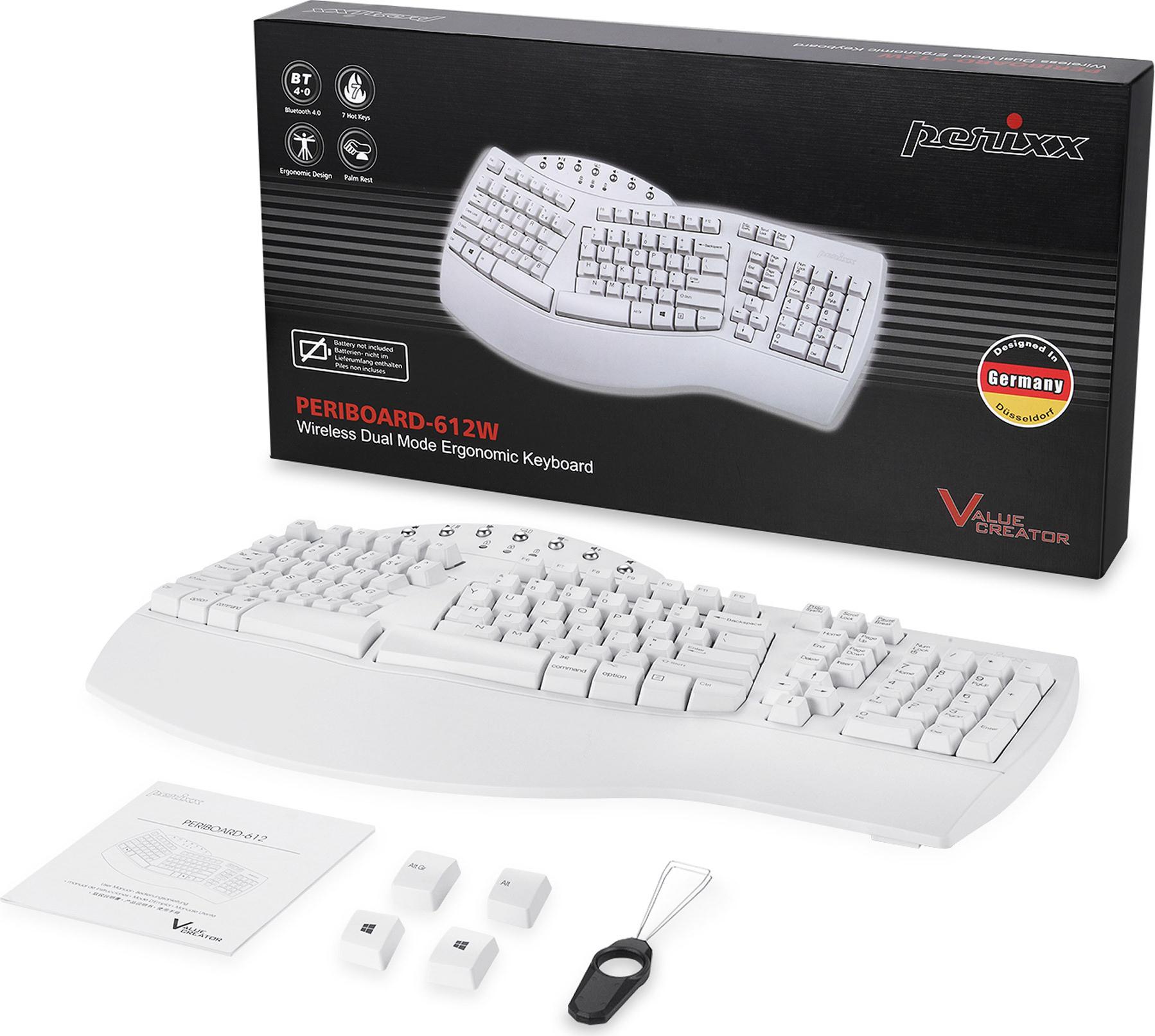 Perixx PERIBOARD-612W DE Mechanische Funktastatur Bluetooth RF Wireless USB QWERTY Weiß