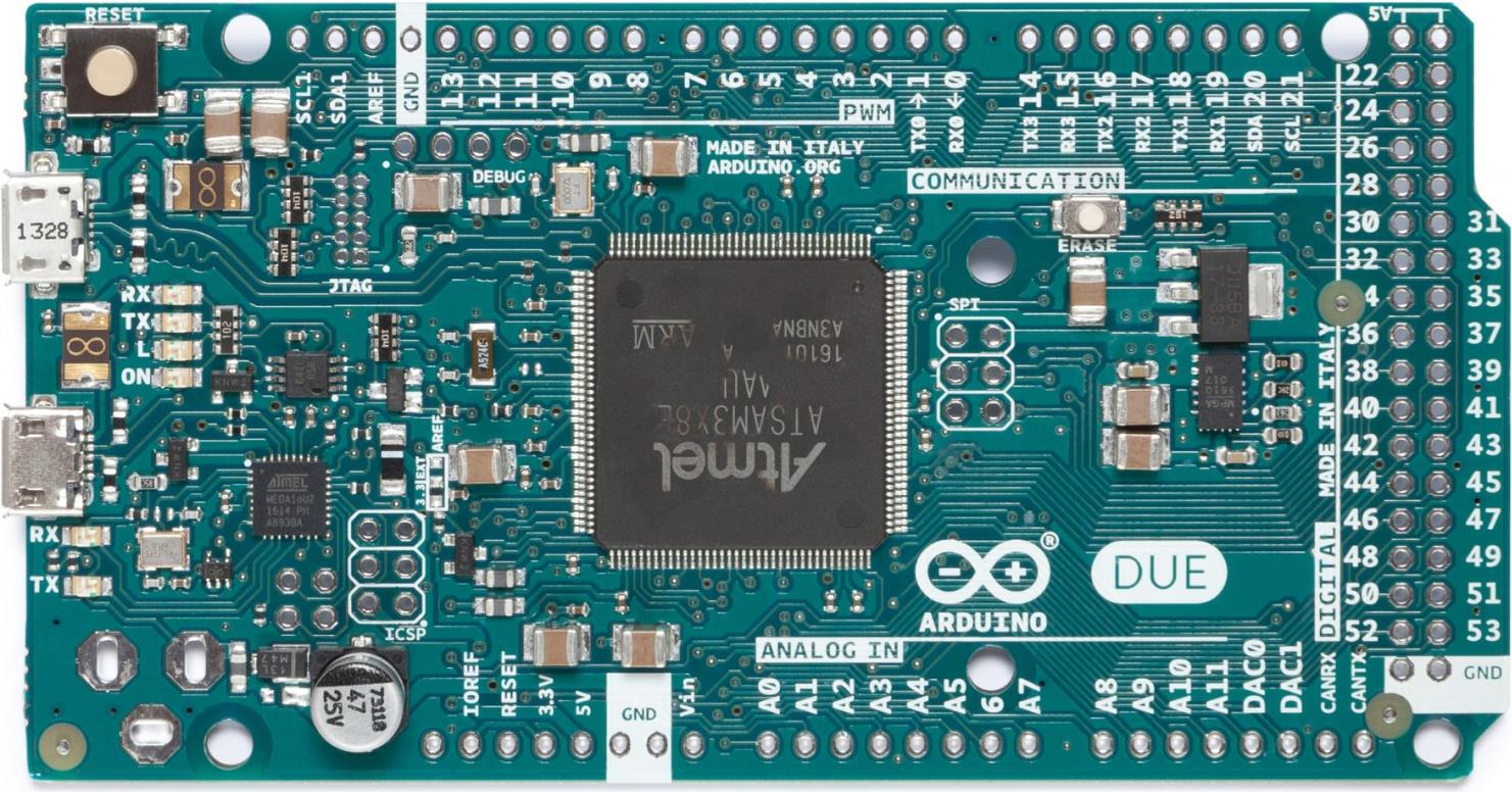 Arduino Due. Prozessor-Taktfrequenz: 84 MHz, Mikrocontroller-Modell: AT91SAM3X8E. Flash-Speicher: 0,512 MB, SRAM (Statischer Random Access-Speicher): 96 KB. Formfaktor: Arduino, Arbeitsspannung: 3,3 V, Eingangsspannung (max.): 6 - 16 V. Dimensionen Tafel: 101,52 x 53,3 mm, Gewicht: 36 g (A000056)