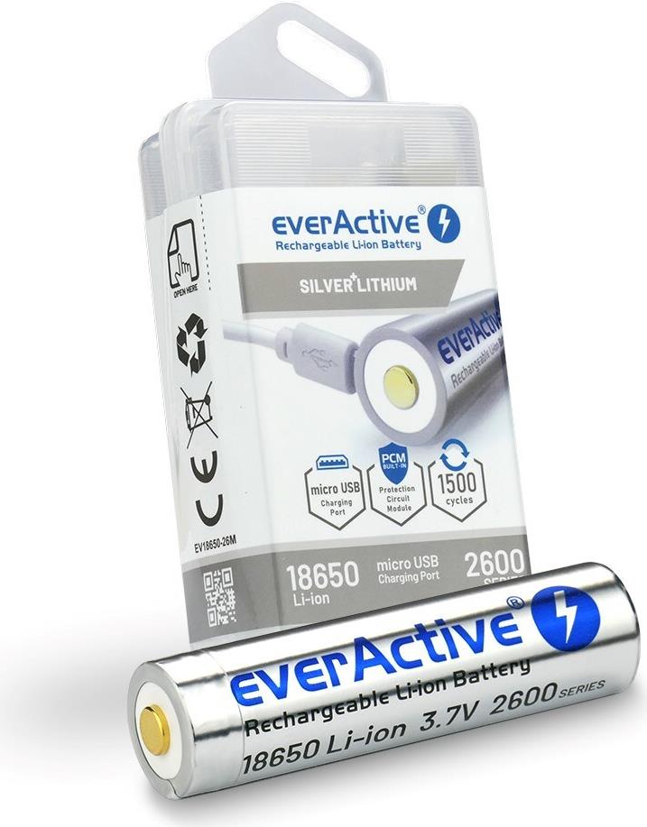 Akku everActive 18650 3.7V Li-ion 2600mAh micro USB mit Schutz BOX (EV18650-26M)