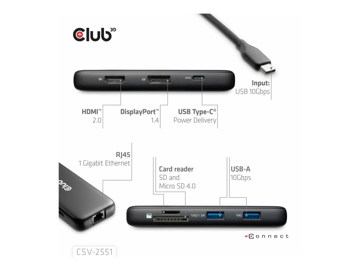 Club 3D 8-in-1 Dockingstation USB-C HDMI DP 1GbE Schwarz