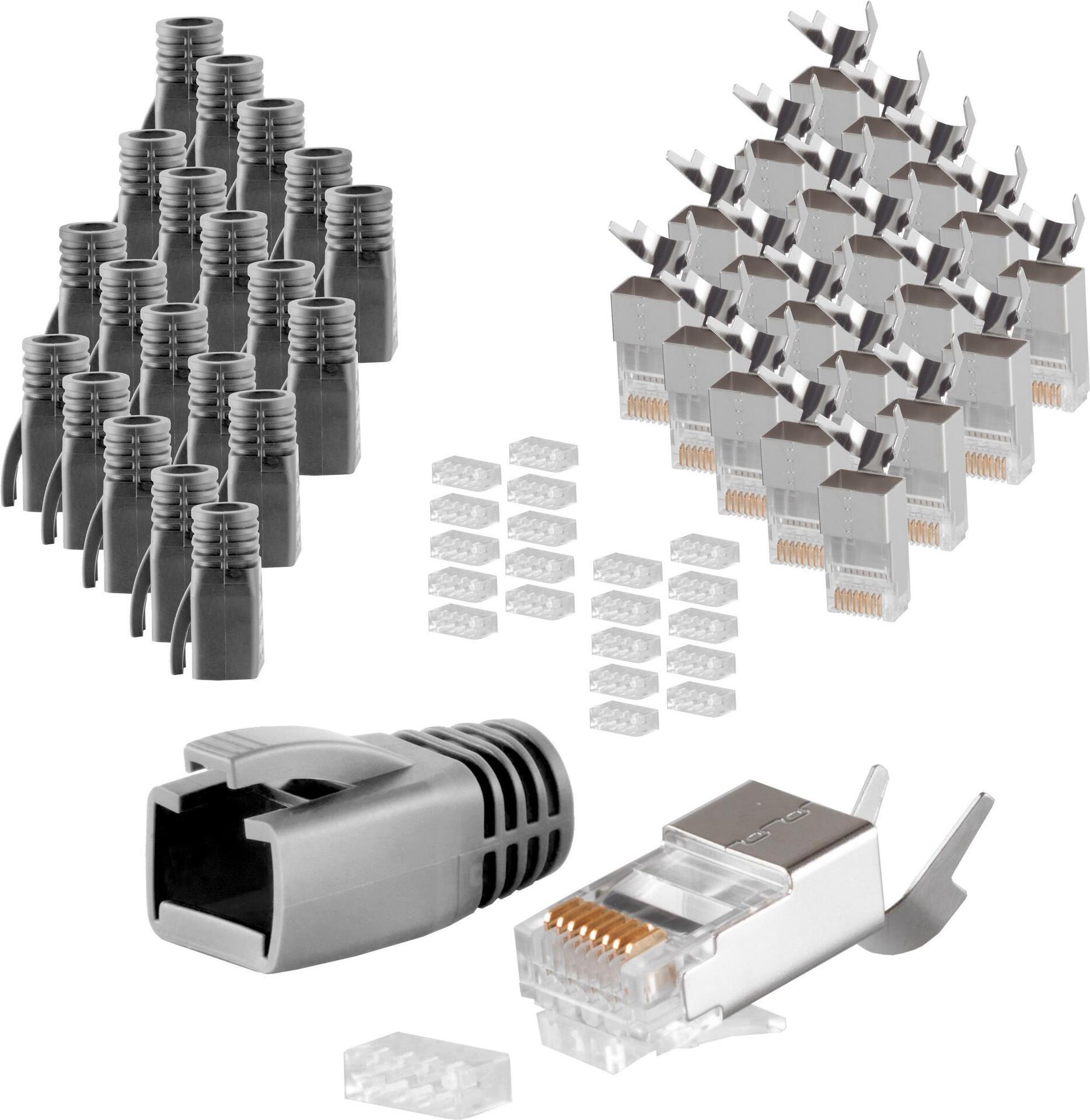 S/CONN maximum connectivity Netzwerk Modular Stecker RJ45 SET für Verlegekabel bis AWG 23, Stecker mit Zugentlastung, Einführhilfe und Tülle, schwarz VE 20 (72067-20S)