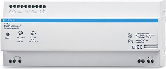 Busch-Jaeger 83300. Befestigungstyp: DIN-Schienenmontage, Schutzart (IP-Code): IP20, Produktfarbe: Weiß. Energiequelle: AC, Leistung: 42 W, Eingangsfrequenz: 50/60. Breite: 216 mm, Tiefe: 65 mm, Höhe: 90 mm (2CKA008300A0046)