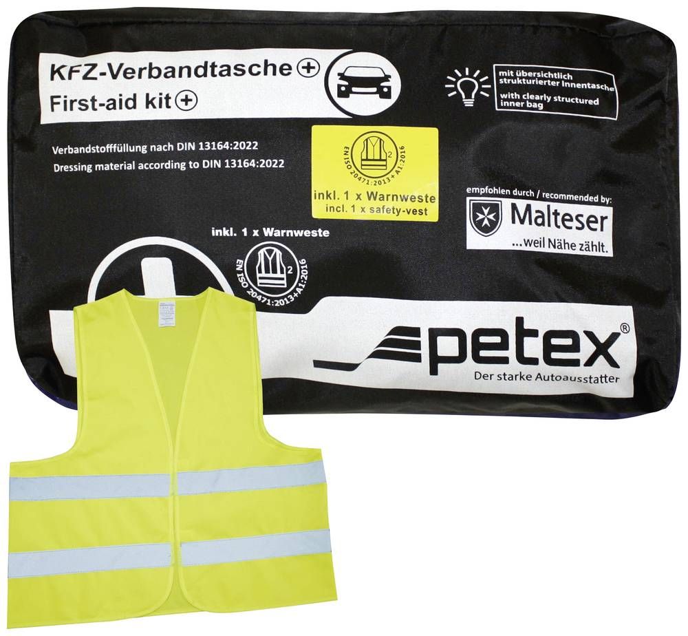 Petex 43939704 Plus schwarz DIN 13164:2022 inkl. Warnweste gelb EN 20471 Verbandtasche Inkl. Warnweste Pkw, Wohnmobile, Van, SUV (43939704)